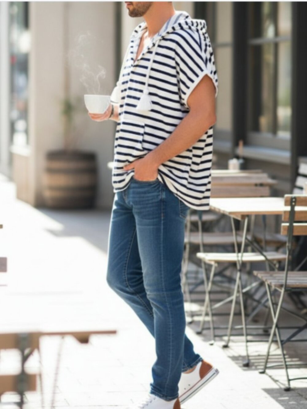 J. Crew Unisex Black and White Striped Cotton Poncho w/Drawstring Hood-Oversized